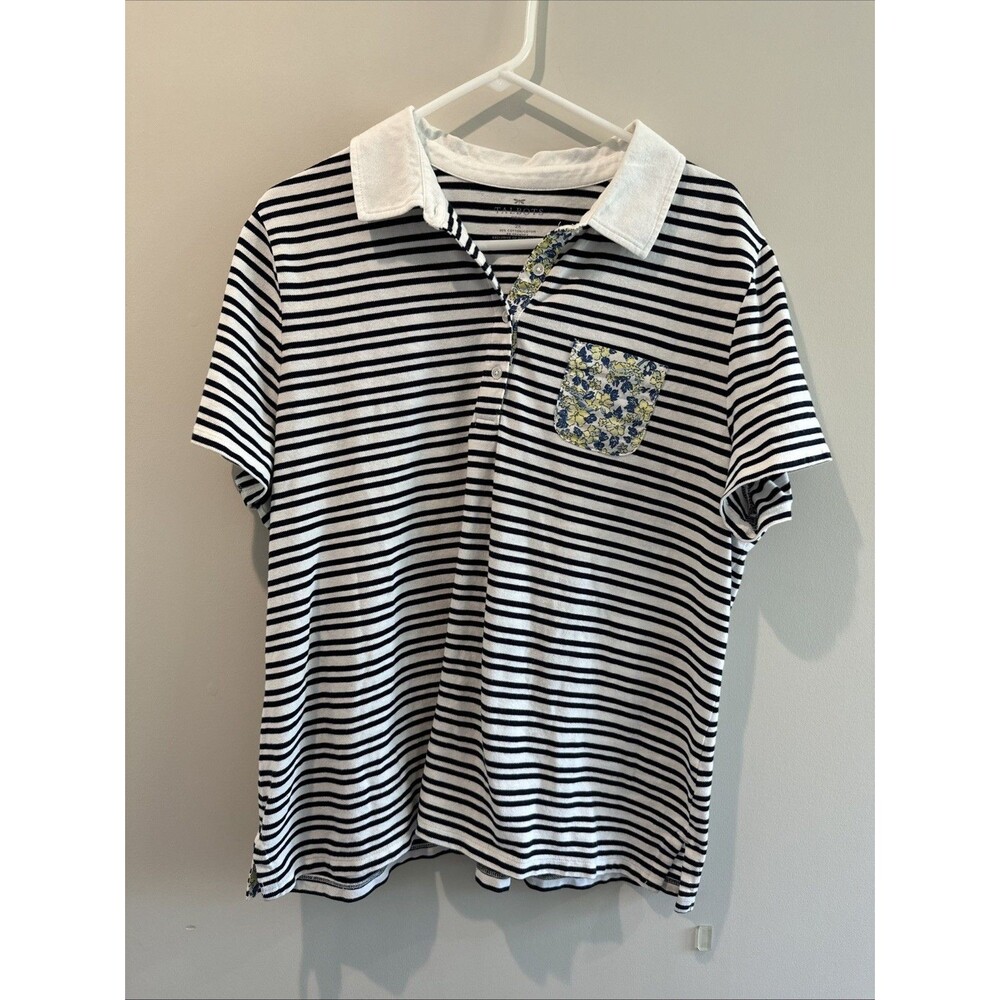 Talbots Navy Stripe Polo Floral Pocket Top 2X Collared Coastal Preppy Old Money